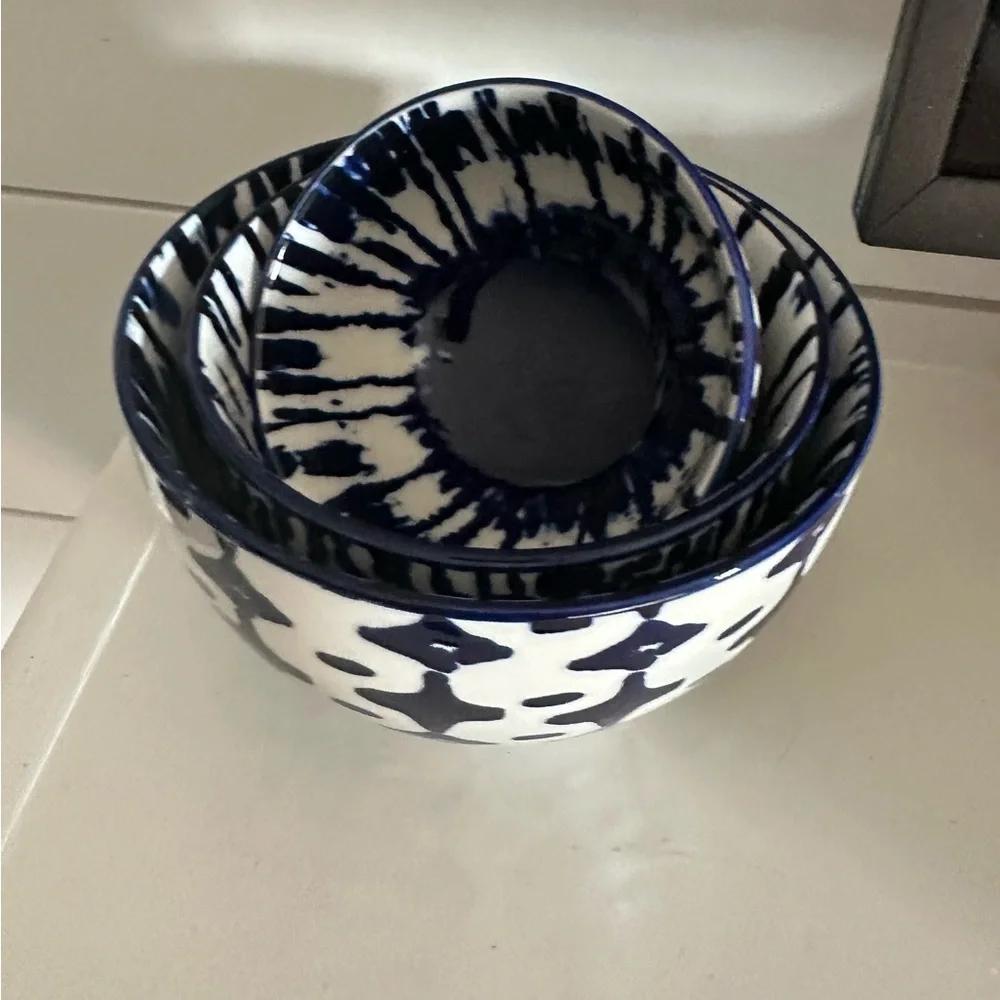 3 West Elm Blue and White Ceramic Art Bowls